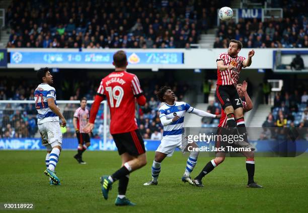 Adam Matthews of Sunderland headers during the Sky Bet Championship match between QPR and Sunderland at Loftus Road on March 10, 2018 in London,...