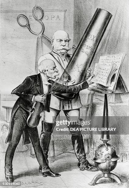 Concert in Friedrichsruhe: Francesco Crispi and Otto von Bismarck playing instruments together, alluding to the meeting between the two statesmen for...