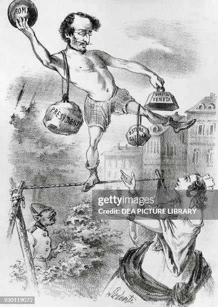 Bettino Ricasoli , President of the Council of Ministers, dressed as a tightrope walker carrying several weights, illustration by Francesco Redenti ,...