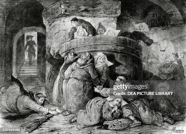 Group of friars and nuns caught in a cellar by a bersagliere, on the occasion of the capture of Rome in 1870, satirical cartoon, illustration from Il...