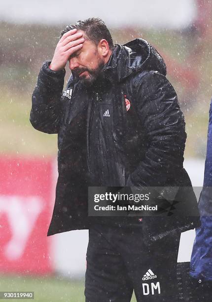 Aberdeen manager Derek McInnes reacts during the Partick Thistle and Aberdeen Ladbrokes Scottish Premiership match at Firhill Arena on March 10, 2018...