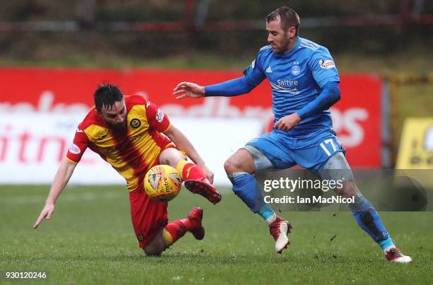 Steven Lawless of Partick Thistle vies with Niall McGinn of Aberdeen during the Partick Thistle and Aberdeen Ladbrokes Scottish Premiership match at...