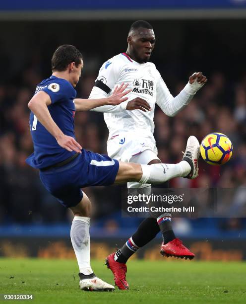 Christian Benteke of Crystal Palace is challenged by Andreas Christensen of Chelsea during the Premier League match between Chelsea and Crystal...