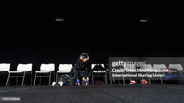 Miho Takagi of Japan warms up prior to the World Allround Speed Skating Championships at the Olympic Stadium on March 10, 2018 in Amsterdam,...