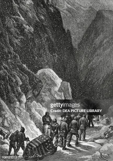 The Burial of Captain Charles Francis Hall , American explorer, Greenland, November 1871, Polaris expedition, engraving from In mezzo ai ghiacci,...