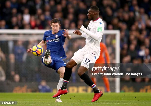 Chelsea's Andreas Christensen and Crystal Palace's Christian Benteke battle for the ball during the Premier League match at Stamford Bridge, London.