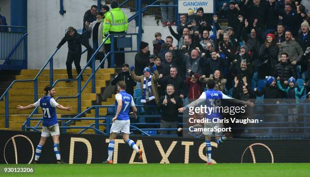 Sheffield Wednesday's George Boyd, left, celebrates scoring the opening goal during the Sky Bet Championship match between Sheffield Wednesday and...