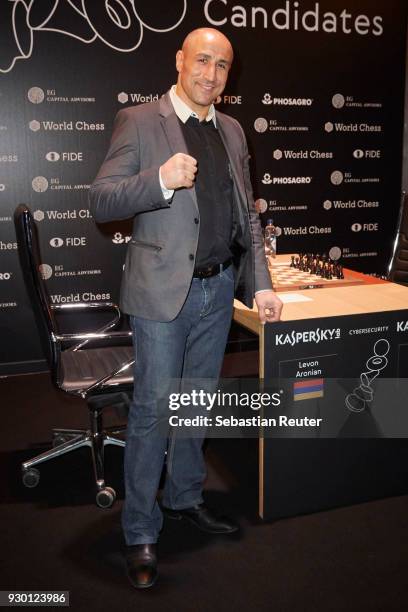 Boxer Arthur Abraham is seen at the First Move Ceremony during the World Chess Tournament on March 10, 2018 in Berlin, Germany.