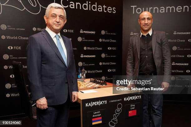 President of Armenia Sersch Sargsjan and boxer Arthur Abraham are seen at the First Move Ceremony during the World Chess Tournament on March 10, 2018...