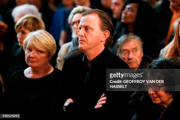Claude Francois' ex-wife Isabelle Foret, Claude Francois Jr and Claude Francois' cousin Nena Zampunieri attend a church service marking the 40th...