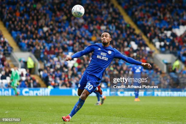 Loic Damour of Cardiff City volleys the ball during the Sky Bet Championship match between Cardiff City and Birmingham City at the Cardiff City...