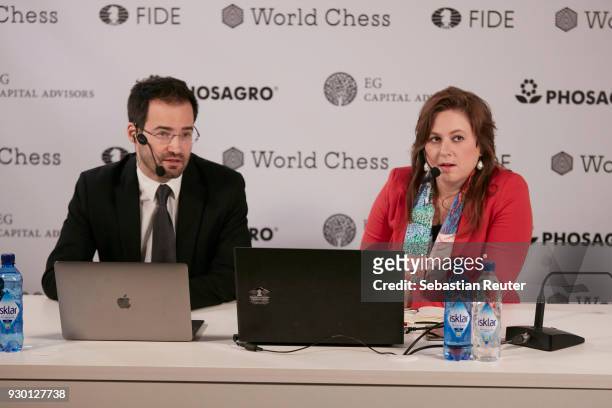 Chess grandmasters Yannick Pelletier and Judit Polgar is seen at the First Move Ceremony during the World Chess Tournament on March 10, 2018 in...