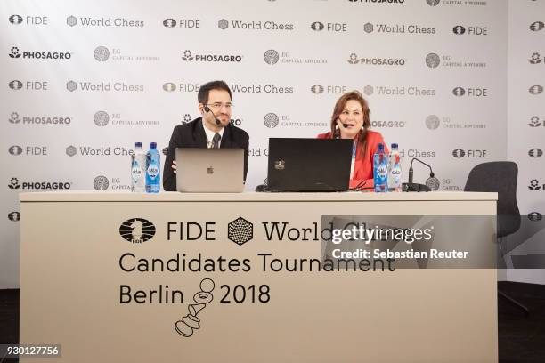 Chess grandmasters Yannick Pelletier and Judit Polgar is seen at the First Move Ceremony during the World Chess Tournament on March 10, 2018 in...