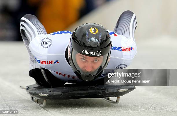 Zach Lund of the USA leaves the start on his first run enroute to fifth place in the Skeleton World Cup at the Utah Olympic Park on November 12, 2009...