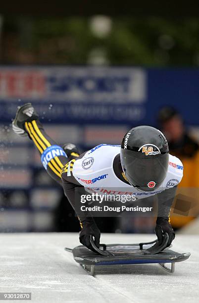 Frank Rommel of Germany leaves the start on his first run enroute to fourth place in the Skeleton World Cup at the Utah Olympic Park on November 12,...