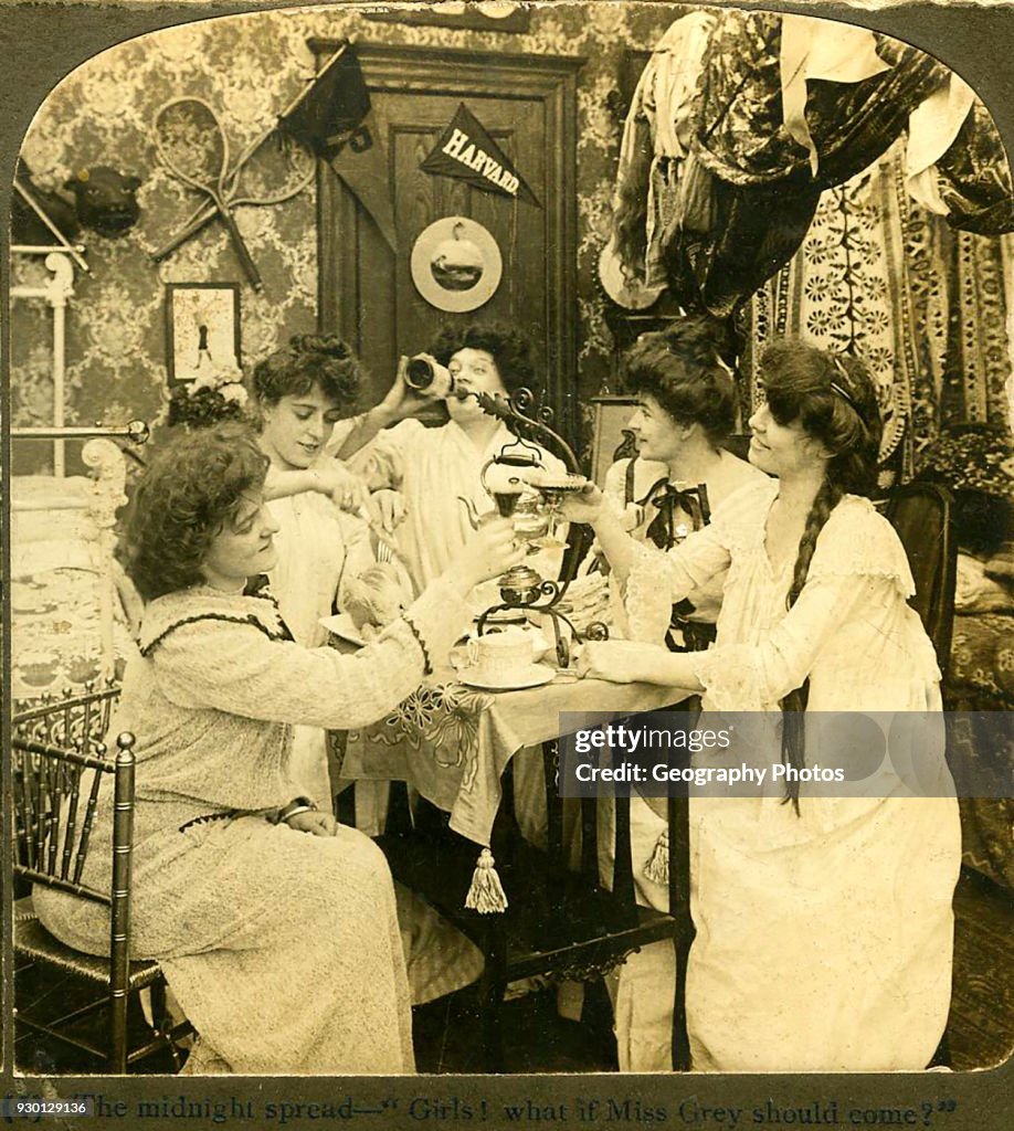 Humorous image of Midnight pranks of American college women 1903 drinking and partying, Harvard University, USA