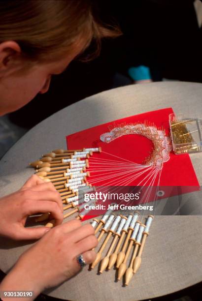 Belgium, Brussels, Galerie de la Reine, lace making demonstration.