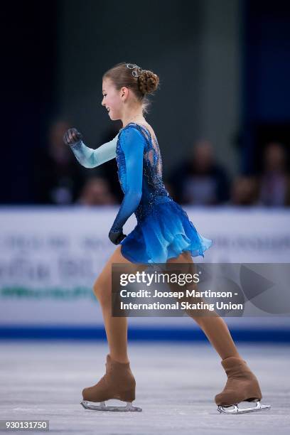 Alexandra Trusova of Russia reacts in the Junior Ladies Free Skating during the World Junior Figure Skating Championships at Arena Armeec on March...