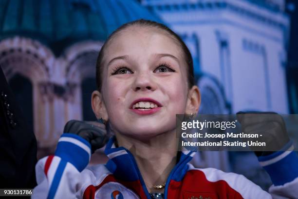 Alexandra Trusova of Russia reacts at the kiss and cry in the Junior Ladies Free Skating during the World Junior Figure Skating Championships at...