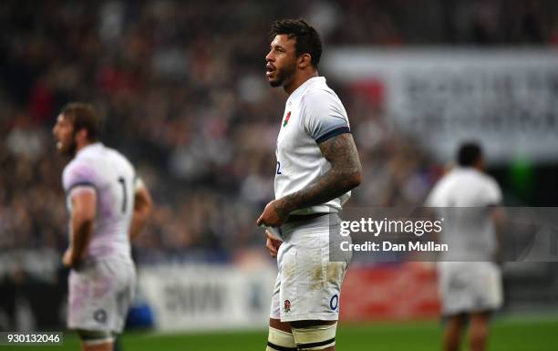 Courtney Lawes of England looks dejected during the NatWest Six Nations match between France and England at Stade de France on March 10, 2018 in...