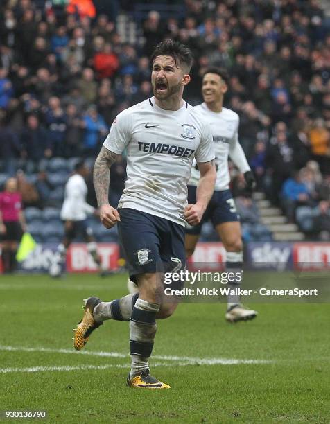 Preston North End's Sean Maguire celebrates scoring his sides first goal during the Sky Bet Championship match between Preston North End and Fulham...