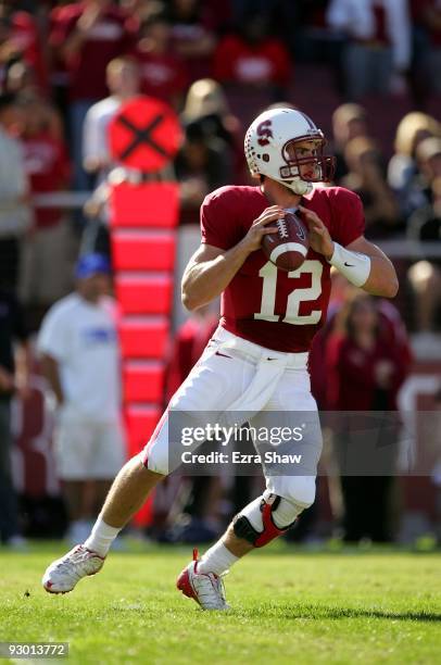 Andrew Luck of the Stanford Cardinal in action during their game against the Oregon Ducks at Stanford Stadium on November 7, 2009 in Palo Alto,...