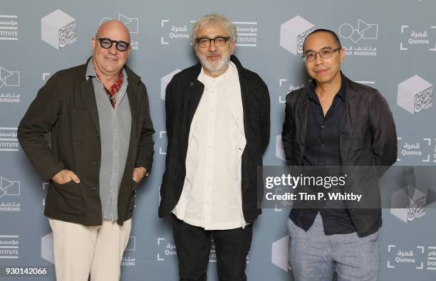 Director Gianfranco Rosi, Doha Film Institute Artistic Advisor Elia Suleiman and director Apichatpong Weerasethakul attends the "Footprints"...