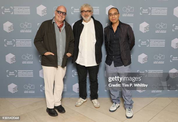 Director Gianfranco Rosi, Doha Film Institute Artistic Advisor Elia Suleiman and director Apichatpong Weerasethakul attends the "Footprints"...