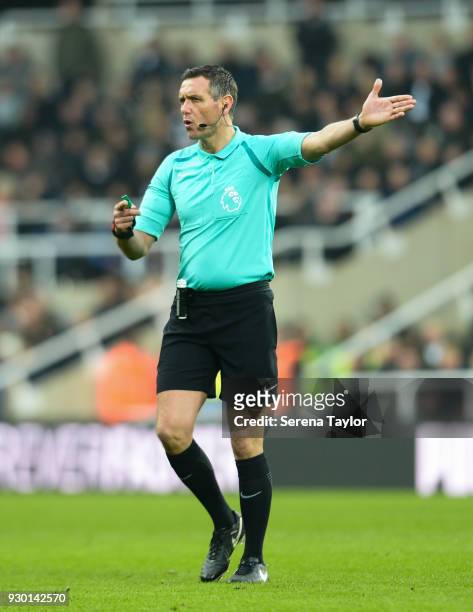 Referee Andre Marriner during the Premier League match between Newcastle United and Southampton at St.James' Park on March 10 in Newcastle upon Tyne,...
