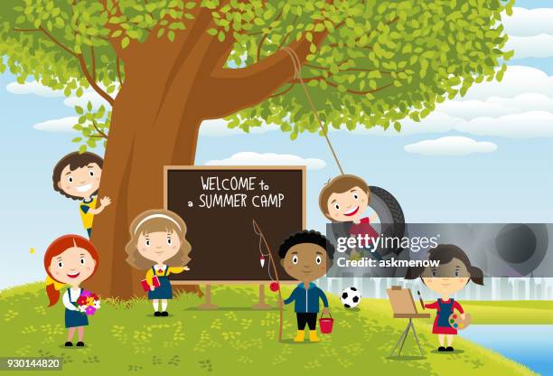 summer camp - camping friends stock illustrations