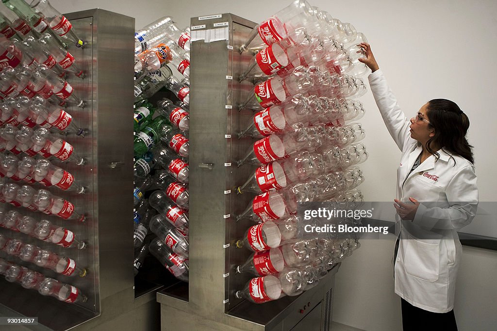 Lab Cola Bottles are stacked at Coca-Cola Co.'s new Latino America laboratory ...