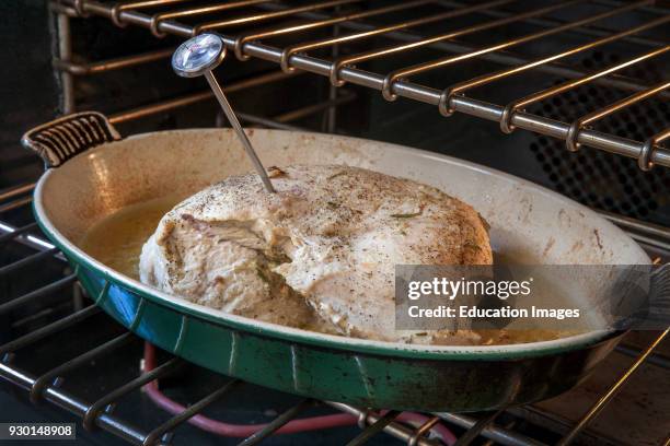 Turkey Breast with Cooking Thermometer in Oven.