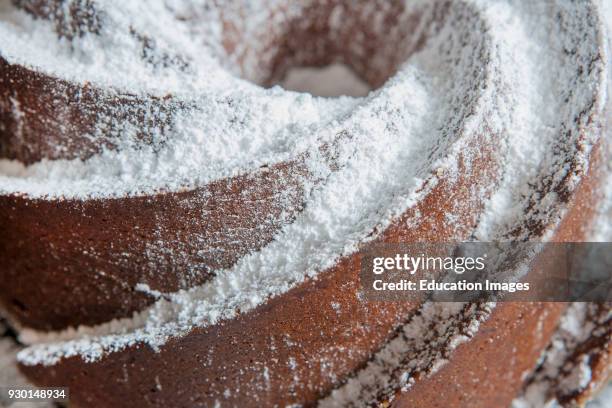 Close-Up of Vanilla Bundt Cake Sprinkled with Powdered Sugar.