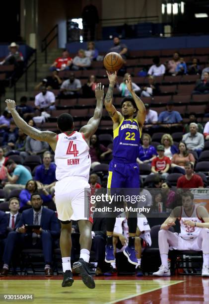 Michael Gbinije of the Santa Cruz Warriors shoots the ball against the Memphis Hustle during an NBA G-League game on March 10, 2018 at Landers Center...