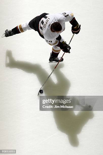 Joffrey Lupul of the Anaheim Ducks warms up before playing against the New Jersey Devils at the Prudential Center on November 11, 2009 in Newark, New...