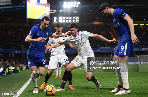 Davide Zappacosta of Chelsea battles for possesion with with James Tomkins of Crystal Palace as Chung-Yong Lee of Crystal Palace and Alvaro Morata of...