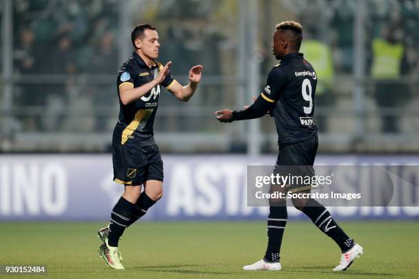 Giovanni Korte of NAC Breda, Thierry Ambrose of NAC Breda during the Dutch Eredivisie match between ADO Den Haag v NAC Breda at the Cars Jeans...