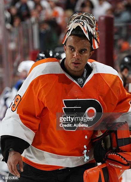 Ray Emery of The Philadelphia Flyers in action against the St. Louis Bluesduring their game on November 7, 2009 at The Wachovia Center in...
