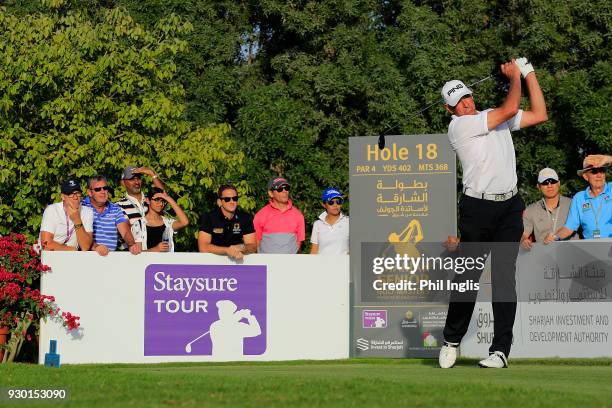 Peter Fowler of Australia in action during the final round of the Sharjah Senior Golf Masters presented by Shurooq played at Sharjah Golf & Shooting...