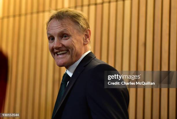 Ireland head coach Joe Schmidt reacts during a press conference after winning Six Nations rugby championship following England's defeat to France at...