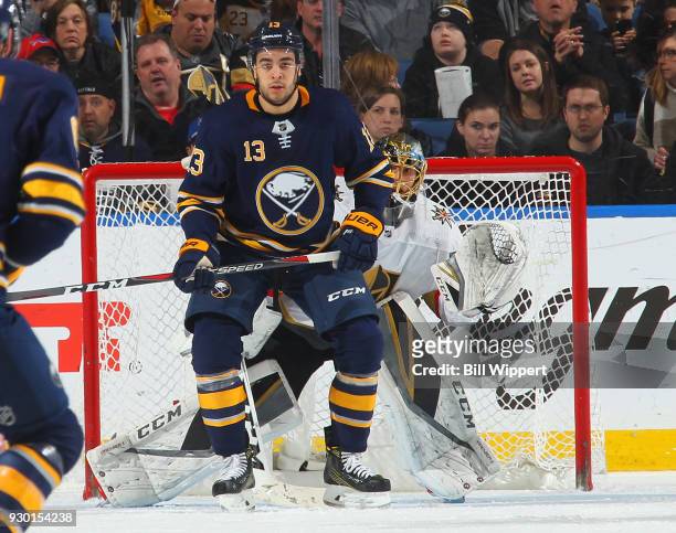 Nicholas Baptiste of the Buffalo Sabres screens Marc-Andre Fleury of the Vegas Golden Knights during an NHL game on March 10, 2018 at KeyBank Center...