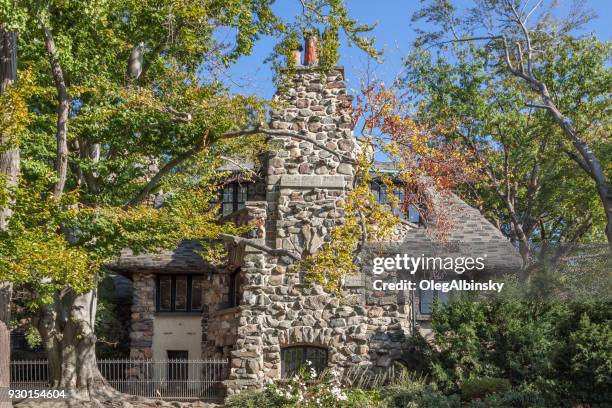 casa de pão de gengibre em bay ridge, árvores no outono cores e céu azul, brooklyn, nova iorque. - ridge - fotografias e filmes do acervo