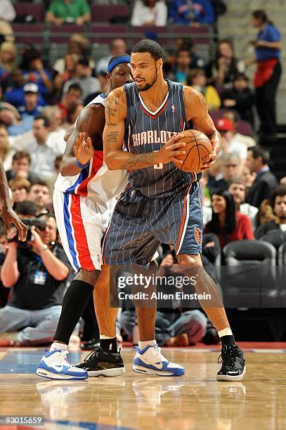 Tyson Chandler of the Charlotte Bobcats is guarded by Ben Wallace of the Detroit Pistons during the game on November 11, 2009 at The Palace of Auburn...