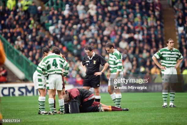 Celtic 1-0 Motherwell, league match at Celtic Park, Saturday 12th October 1996. Injury to Lee McCulloch of Motherwell.