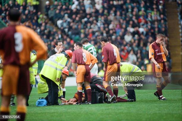 Celtic 1-0 Motherwell, league match at Celtic Park, Saturday 12th October 1996. Injury to Lee McCulloch of Motherwell.
