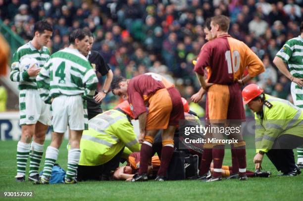 Celtic 1-0 Motherwell, league match at Celtic Park, Saturday 12th October 1996. Injury to Lee McCulloch of Motherwell.