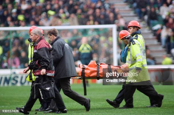 Celtic 1-0 Motherwell, league match at Celtic Park, Saturday 12th October 1996. Injury to Lee McCulloch of Motherwell. Being Stretchered Off.