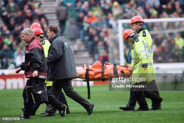 Celtic 1-0 Motherwell, league match at Celtic Park, Saturday 12th October 1996. Injury to Lee McCulloch of Motherwell. Being Stretchered Off.