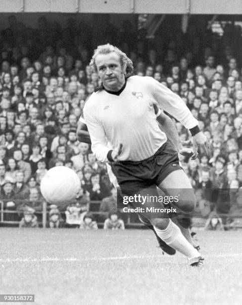 Derby County footballer Francis Lee in action against Ipswich Town during the League Division One match at the baseball Ground, 4th October 1975.