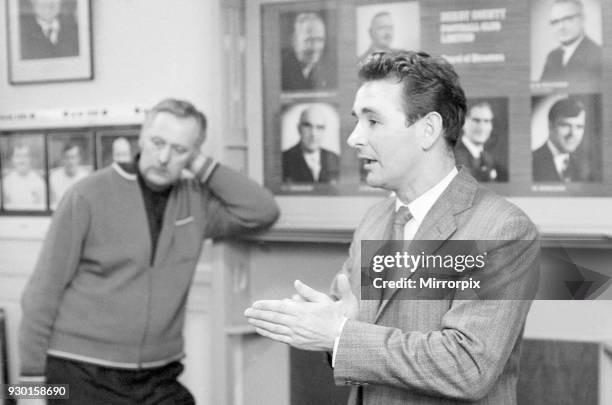 Derby County manager Brian Clough seen here with assistant manager Peter Taylor in the boardroom of the Baseball Ground, 30th January 1973.